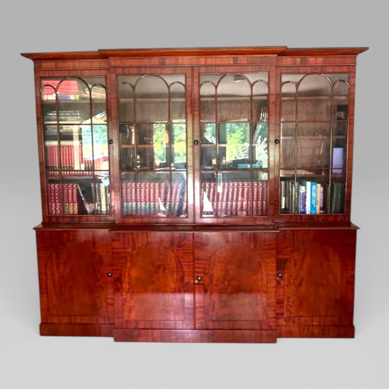 Large Antique William IV Mahogany Breakfront Library Bookcase With Cupboards